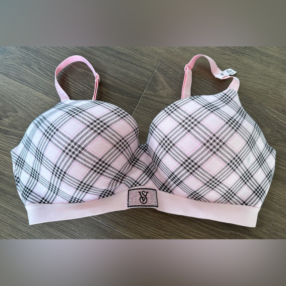 Victoria's Secret Shine Patch Push-Up Perfect Shape Bra Pink Plaid Size 40DD
